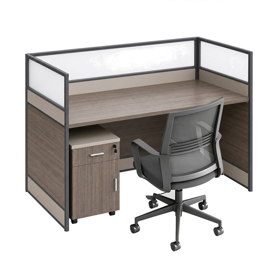 Modern Office Workstation Desk with 1" Thick Desktop, Frosted Privacy Panel, USB Ports & Mobile Pedestal Storage Cabinet