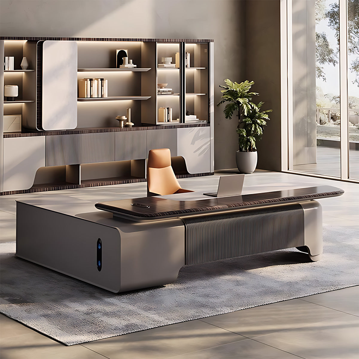Modern 94"–138" L Executive Desk with Eco-friendly Material, Hidden Rotating Power Outlet, Dual-side Lockable Storage Cabinets for Executive Offices