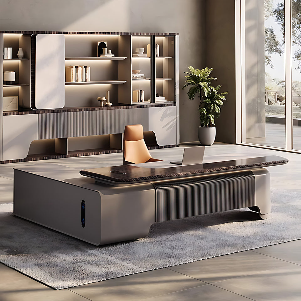 Modern 94"–138" L Executive Desk with Eco-friendly Material, Hidden Rotating Power Outlet, Dual-side Lockable Storage Cabinets for Executive Offices