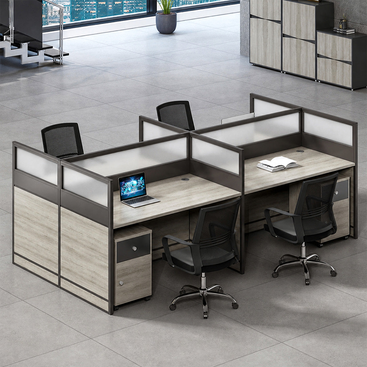 Professional Office Workstation Desk with Privacy Panels, Storage Cabinet & Organized Cable Management