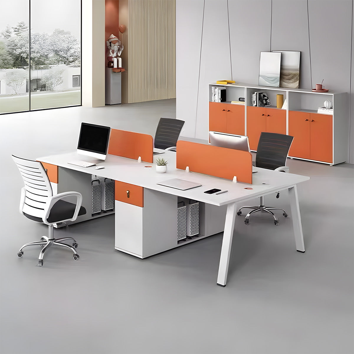 Modular Four-person Office Workstation Desk with Privacy Panel, Hidden Cable Management & Lockable Storage Cabinet for Team Workspaces