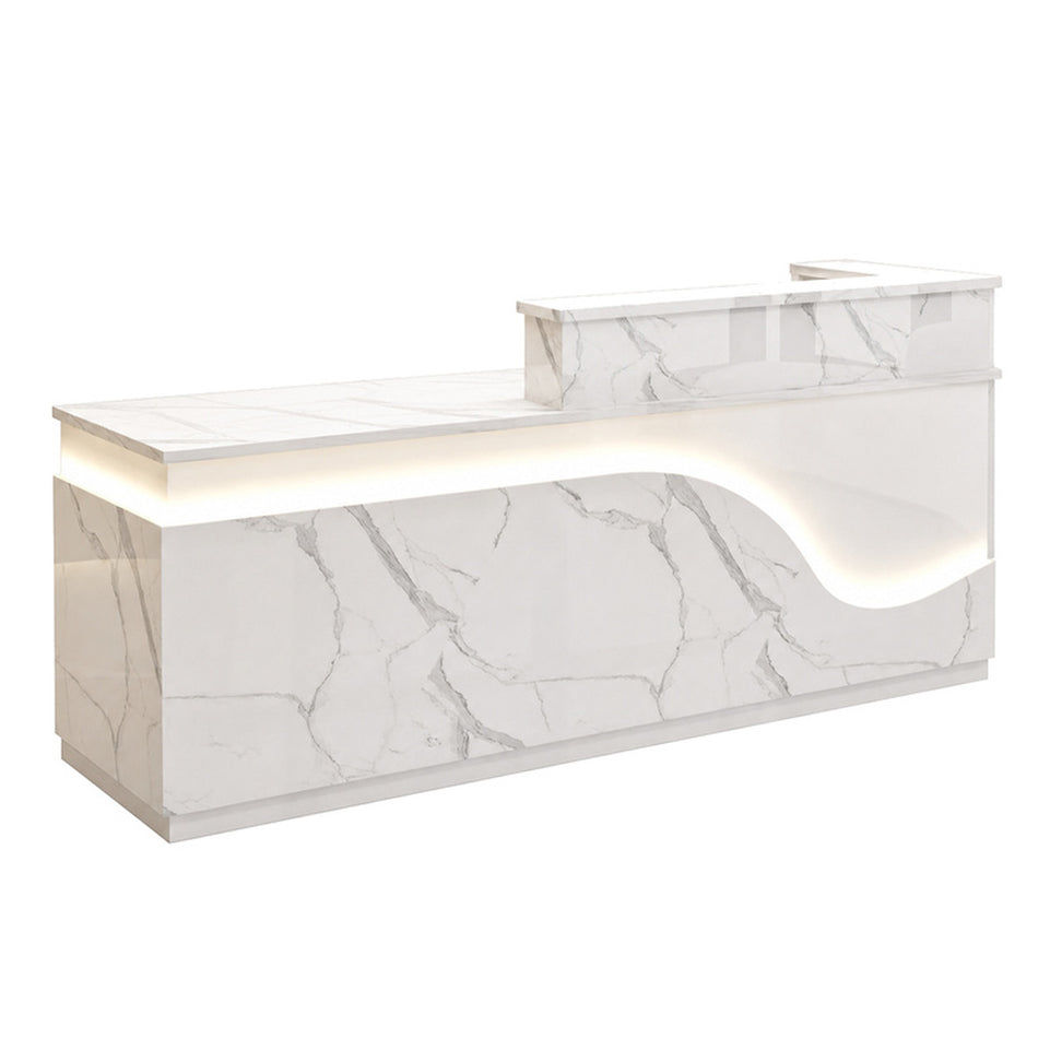 Stylish Reception Desk with Dual-level Countertop, LED Ambient Lighting, Cable Grommet & Lockable Storage Drawer for Commercial Spaces (47–118" L)