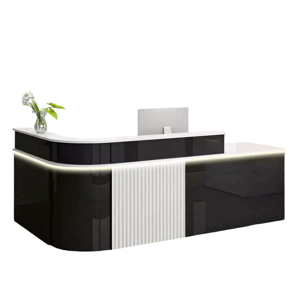 Sophisticated Reception Desk with Dual-level Countertop, Rounded Corners, Silent Keyboard Tray & Lockable Storage Cabinet for Education & Salon Spaces (47-157" L)