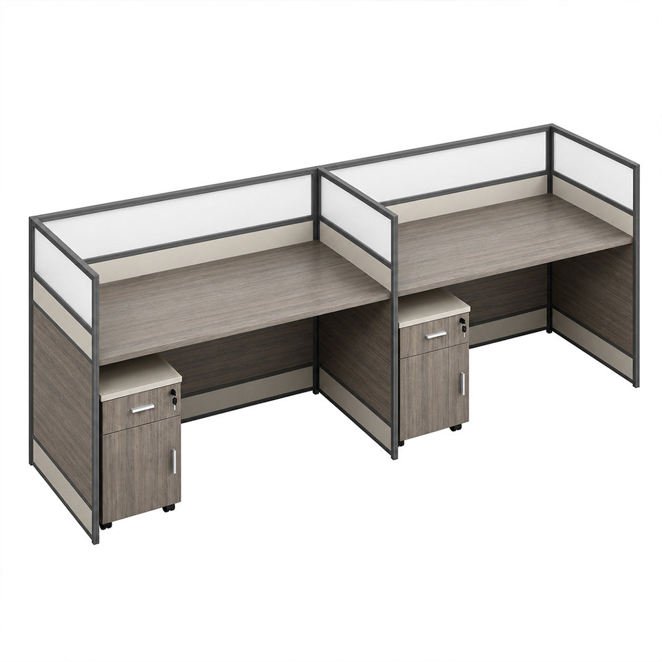 Modern Office Workstation Desk with 1" Thick Desktop, Frosted Privacy Panel, USB Ports & Mobile Pedestal Storage Cabinet