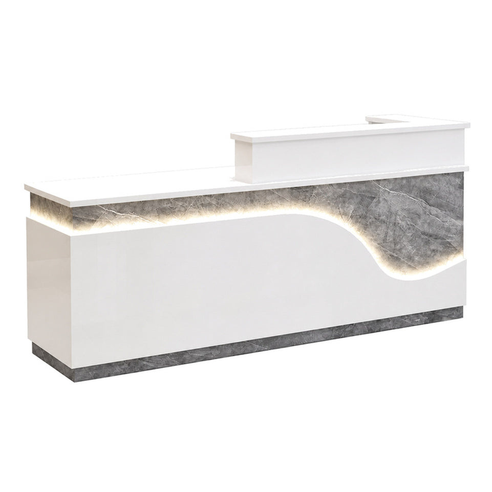 Stylish Reception Desk with Dual-level Countertop, LED Ambient Lighting, Cable Grommet & Lockable Storage Drawer for Commercial Spaces (47–118" L)