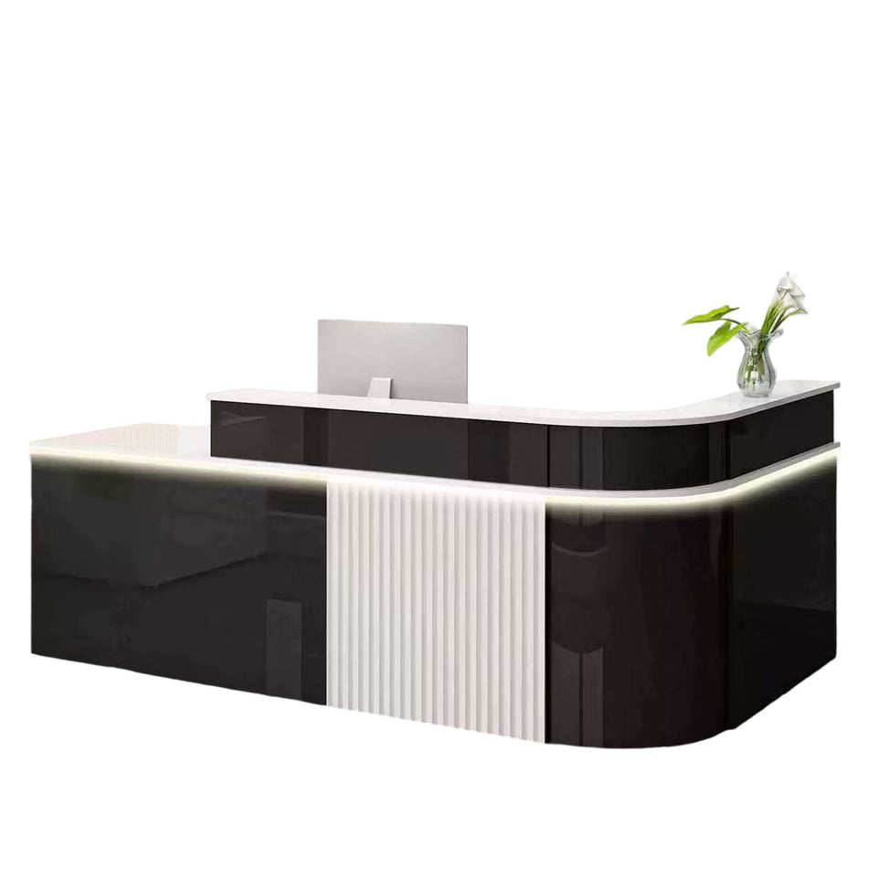 Sophisticated Reception Desk with Dual-level Countertop, Rounded Corners, Silent Keyboard Tray & Lockable Storage Cabinet for Education & Salon Spaces (47-157" L)