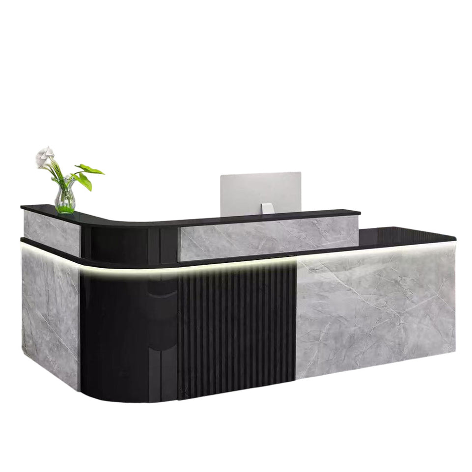 Sophisticated Reception Desk with Dual-level Countertop, Rounded Corners, Silent Keyboard Tray & Lockable Storage Cabinet for Education & Salon Spaces (47-157" L)