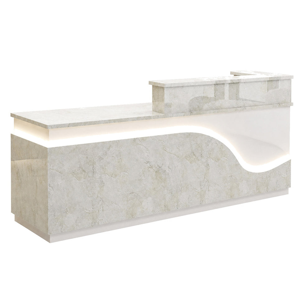 Stylish Reception Desk with Dual-level Countertop, LED Ambient Lighting, Cable Grommet & Lockable Storage Drawer for Commercial Spaces (47–118" L)