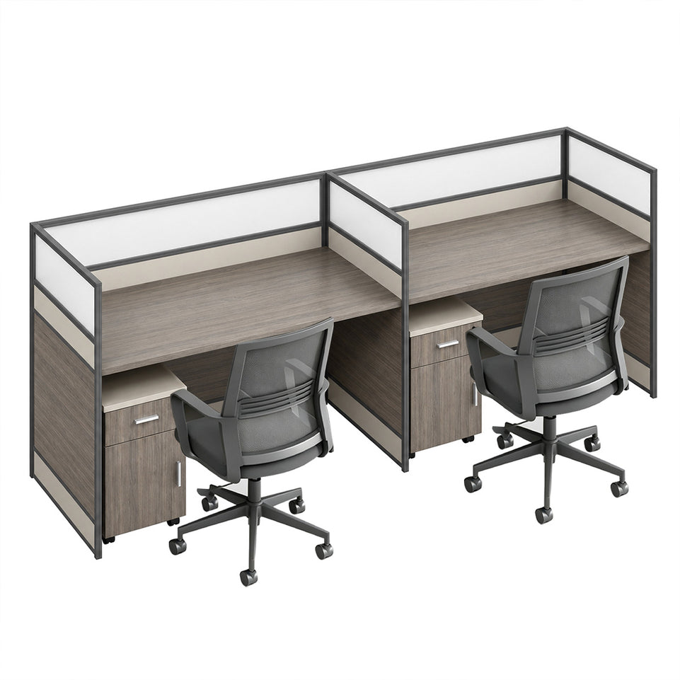 Modern Office Workstation Desk with 1" Thick Desktop, Frosted Privacy Panel, USB Ports & Mobile Pedestal Storage Cabinet