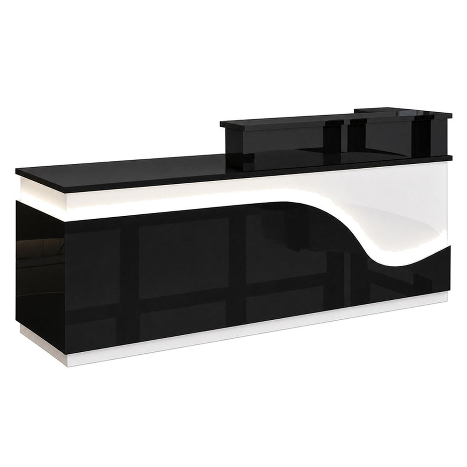Stylish Reception Desk with Dual-level Countertop, LED Ambient Lighting, Cable Grommet & Lockable Storage Drawer for Commercial Spaces (47–118" L)