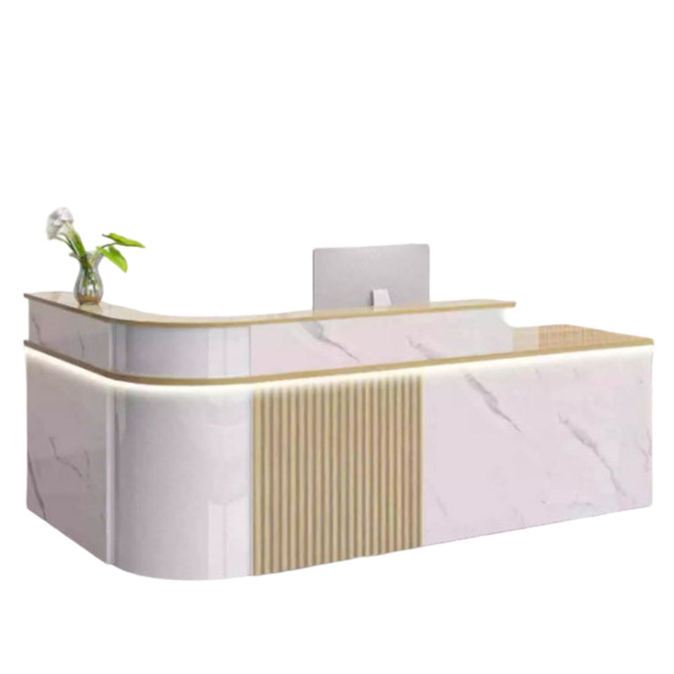Sophisticated Reception Desk with Dual-level Countertop, Rounded Corners, Silent Keyboard Tray & Lockable Storage Cabinet for Education & Salon Spaces (47-157" L)