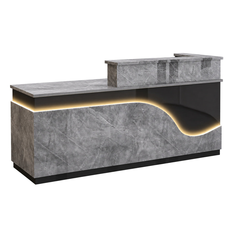 Stylish Reception Desk with Dual-level Countertop, LED Ambient Lighting, Cable Grommet & Lockable Storage Drawer for Commercial Spaces (47–118" L)