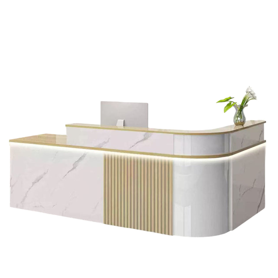 Sophisticated Reception Desk with Dual-level Countertop, Rounded Corners, Silent Keyboard Tray & Lockable Storage Cabinet for Education & Salon Spaces (47-157" L)