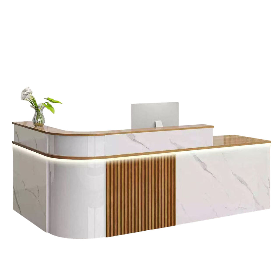 Sophisticated Reception Desk with Dual-level Countertop, Rounded Corners, Silent Keyboard Tray & Lockable Storage Cabinet for Education & Salon Spaces (47-157" L)