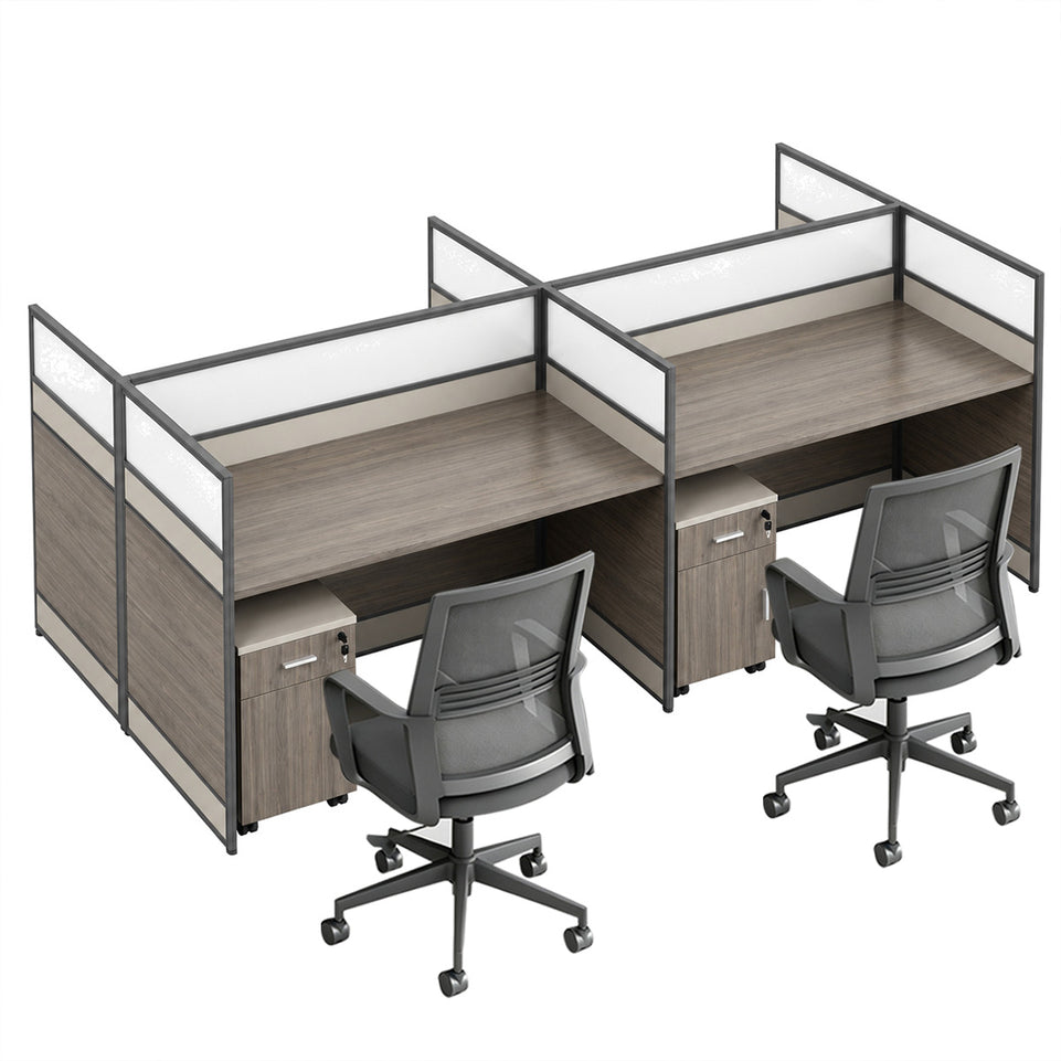 Modern Office Workstation Desk with 1" Thick Desktop, Frosted Privacy Panel, USB Ports & Mobile Pedestal Storage Cabinet
