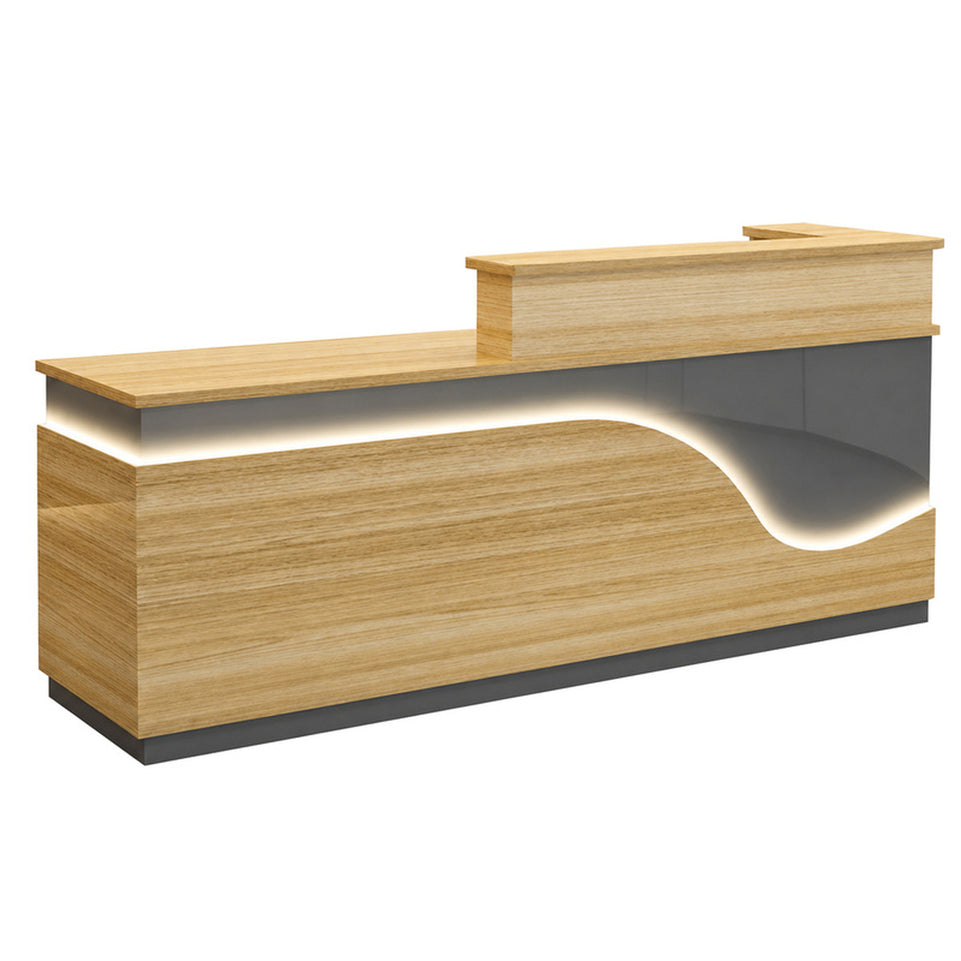 Stylish Reception Desk with Dual-level Countertop, LED Ambient Lighting, Cable Grommet & Lockable Storage Drawer for Commercial Spaces (47–118" L)