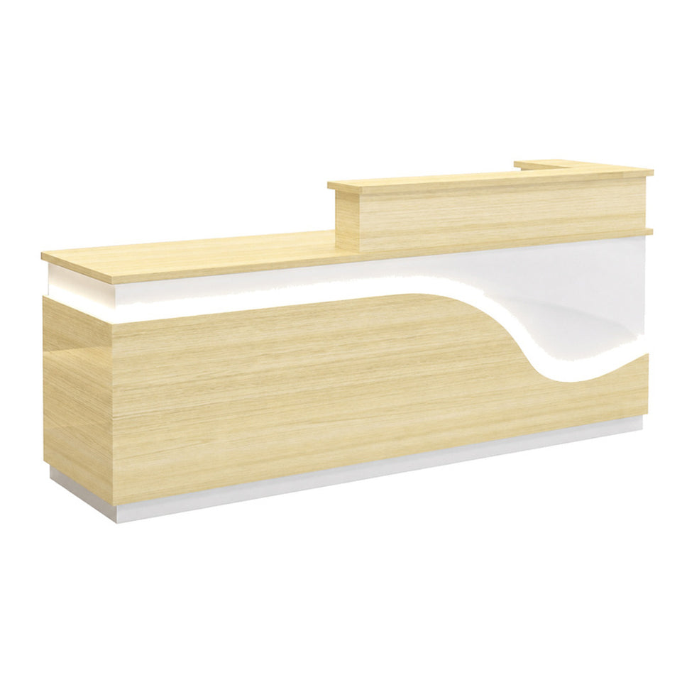 Stylish Reception Desk with Dual-level Countertop, LED Ambient Lighting, Cable Grommet & Lockable Storage Drawer for Commercial Spaces (47–118" L)
