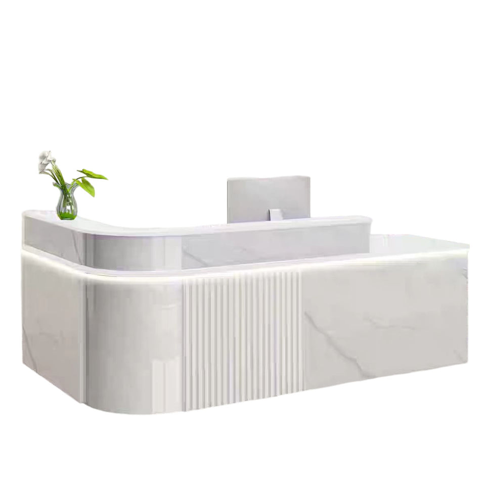 Sophisticated Reception Desk with Dual-level Countertop, Rounded Corners, Silent Keyboard Tray & Lockable Storage Cabinet for Education & Salon Spaces (47-157" L)
