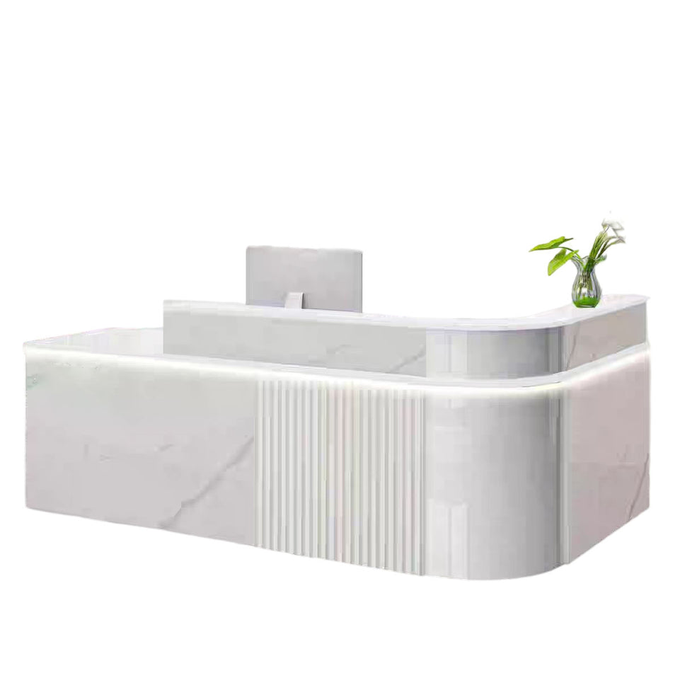 Sophisticated Reception Desk with Dual-level Countertop, Rounded Corners, Silent Keyboard Tray & Lockable Storage Cabinet for Education & Salon Spaces (47-157" L)