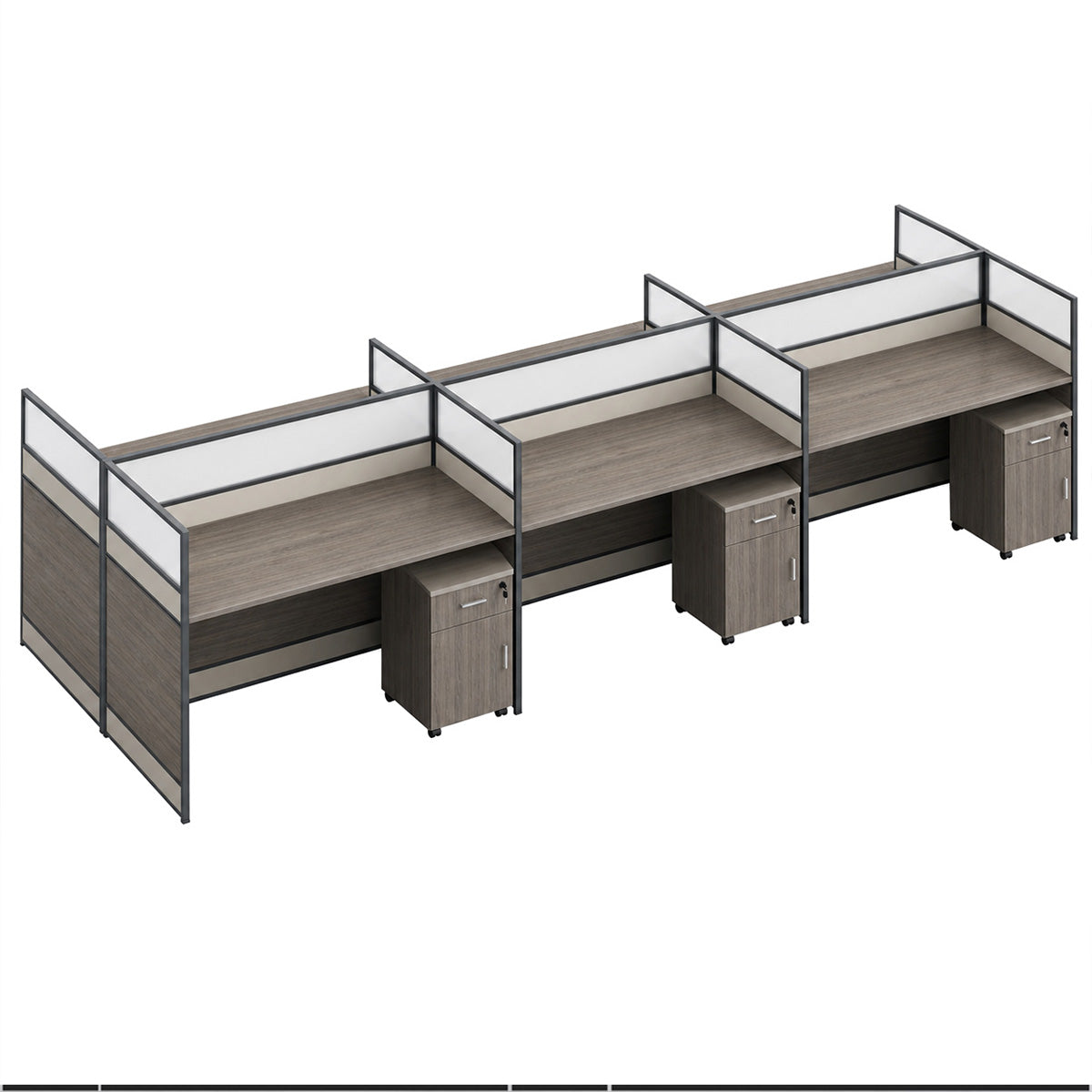 Modern Office Workstation Desk with 1" Thick Desktop, Frosted Privacy Panel, USB Ports & Mobile Pedestal Storage Cabinet