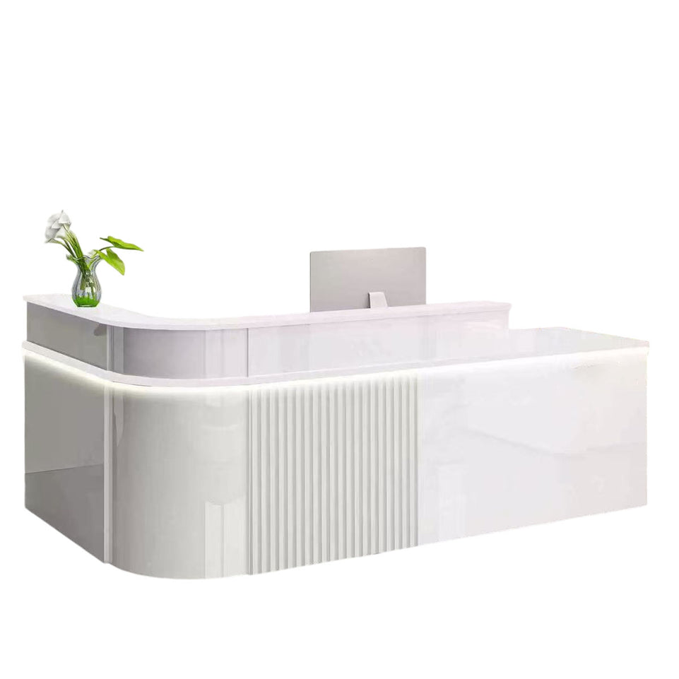 Sophisticated Reception Desk with Dual-level Countertop, Rounded Corners, Silent Keyboard Tray & Lockable Storage Cabinet for Education & Salon Spaces (47-157" L)