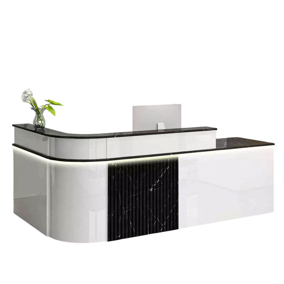 Sophisticated Reception Desk with Dual-level Countertop, Rounded Corners, Silent Keyboard Tray & Lockable Storage Cabinet for Education & Salon Spaces (47-157" L)