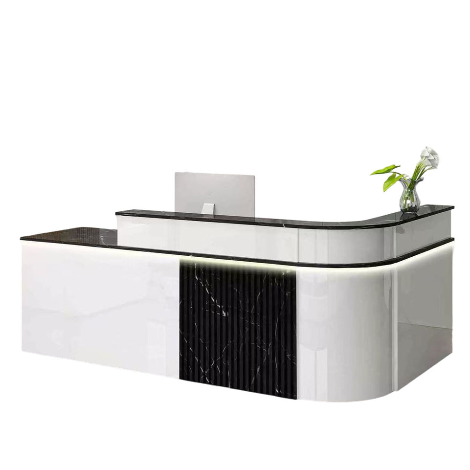 Sophisticated Reception Desk with Dual-level Countertop, Rounded Corners, Silent Keyboard Tray & Lockable Storage Cabinet for Education & Salon Spaces (47-157" L)