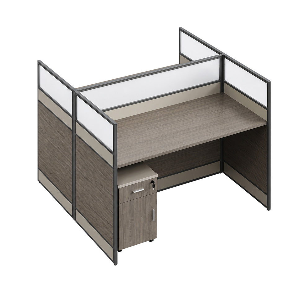 Modern Office Workstation Desk with 1" Thick Desktop, Frosted Privacy Panel, USB Ports & Mobile Pedestal Storage Cabinet
