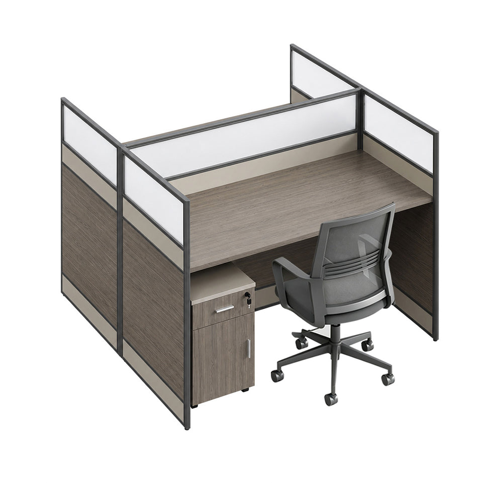 Modern Office Workstation Desk with 1" Thick Desktop, Frosted Privacy Panel, USB Ports & Mobile Pedestal Storage Cabinet