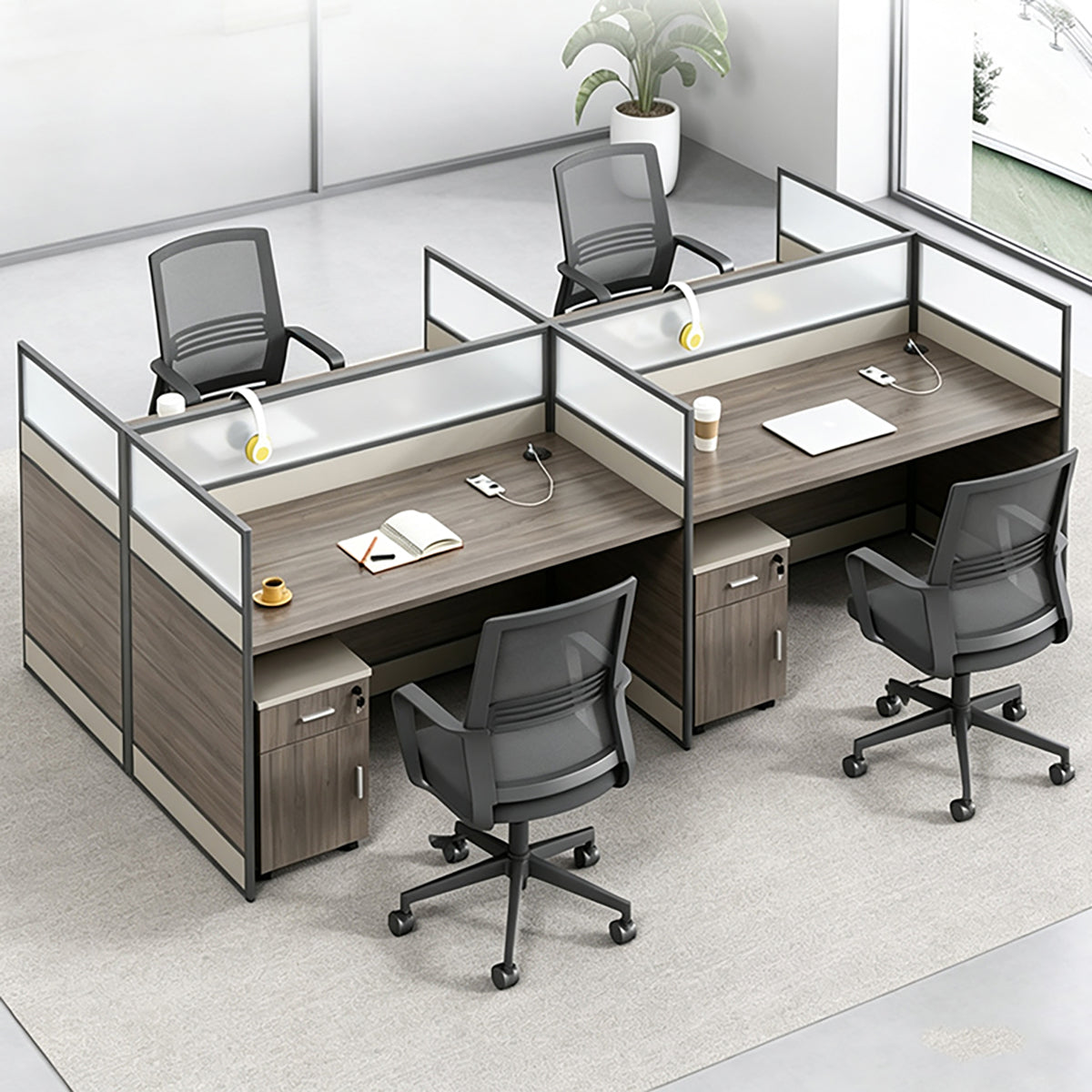 Modern Office Workstation Desk with 1" Thick Desktop, Frosted Privacy Panel, USB Ports & Mobile Pedestal Storage Cabinet
