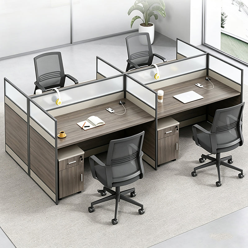 Modern Office Workstation Desk with 1" Thick Desktop, Frosted Privacy Panel, USB Ports & Mobile Pedestal Storage Cabinet