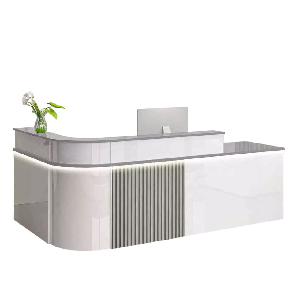 Sophisticated Reception Desk with Dual-level Countertop, Rounded Corners, Silent Keyboard Tray & Lockable Storage Cabinet for Education & Salon Spaces (47-157" L)