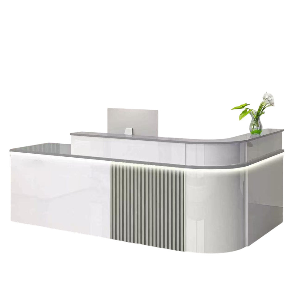 Sophisticated Reception Desk with Dual-level Countertop, Rounded Corners, Silent Keyboard Tray & Lockable Storage Cabinet for Education & Salon Spaces (47-157" L)