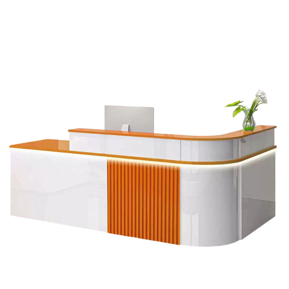 Sophisticated Reception Desk with Dual-level Countertop, Rounded Corners, Silent Keyboard Tray & Lockable Storage Cabinet for Education & Salon Spaces (47-157" L)