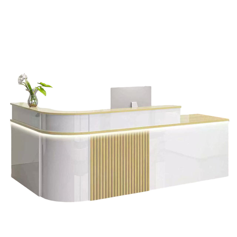 Sophisticated Reception Desk with Dual-level Countertop, Rounded Corners, Silent Keyboard Tray & Lockable Storage Cabinet for Education & Salon Spaces (47-157" L)