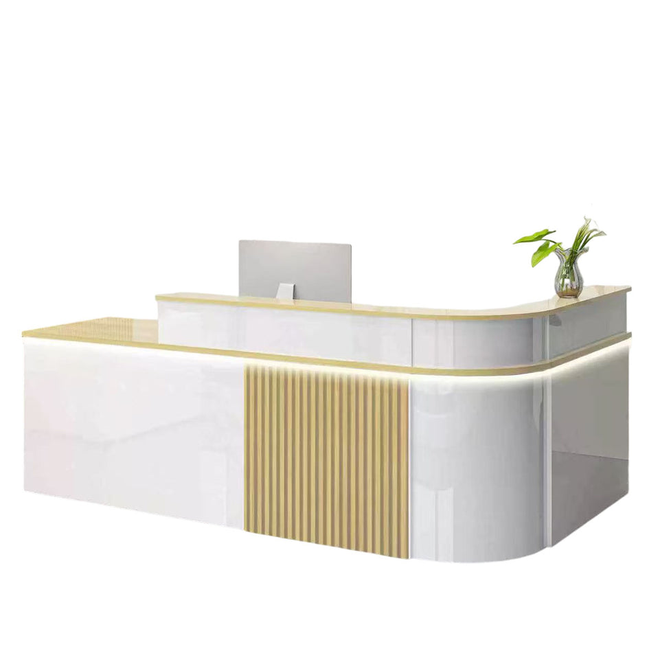 Sophisticated Reception Desk with Dual-level Countertop, Rounded Corners, Silent Keyboard Tray & Lockable Storage Cabinet for Education & Salon Spaces (47-157" L)