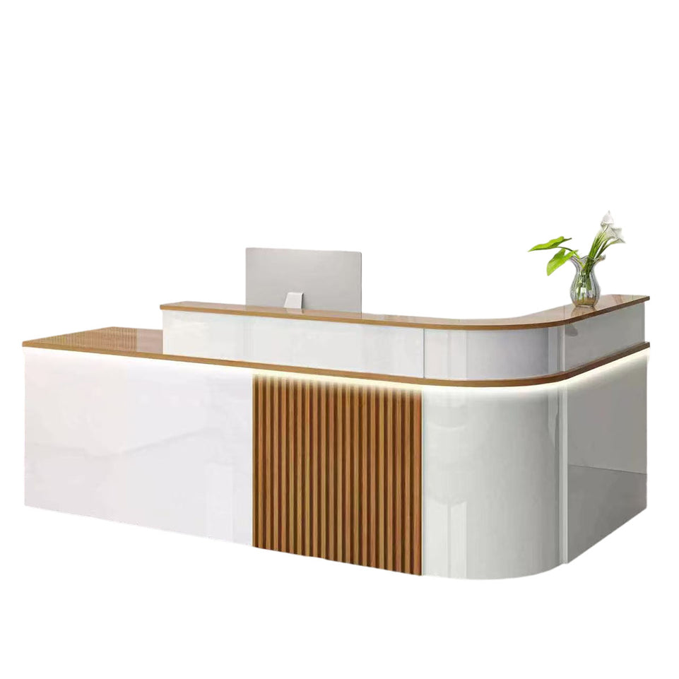 Sophisticated Reception Desk with Dual-level Countertop, Rounded Corners, Silent Keyboard Tray & Lockable Storage Cabinet for Education & Salon Spaces (47-157" L)