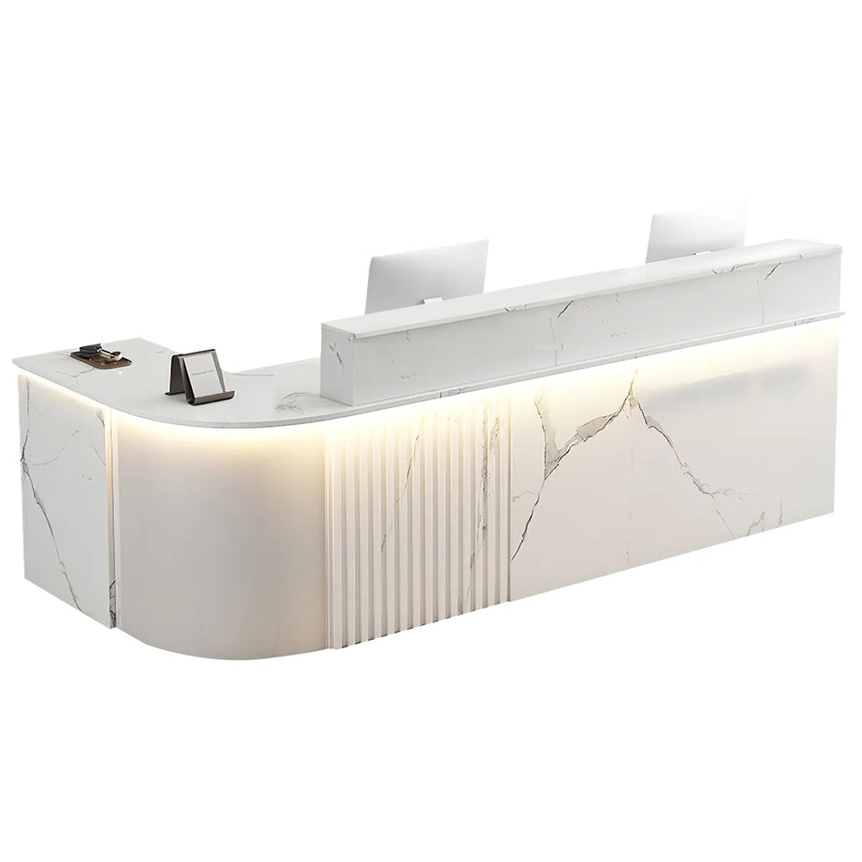 L-Shaped Reception Desk 47-150 in Wide with Keyboard Tray, Lockable & Transaction Counter