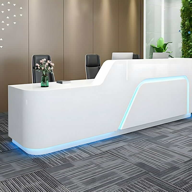 Curved Reception Desk 63-197 in Wide with Keyboard Tray, Lockable & File Drawers for Salon