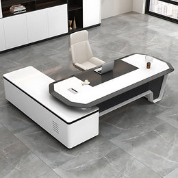 Modern Executive Desk 63–142 in Wide with Cable Management, File Drawers, LED Accent Lighting & Privacy Panel (In Stock)