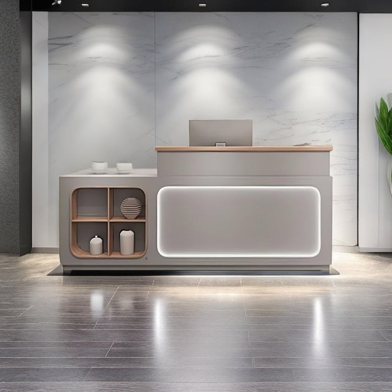 Straight Reception Desk with Small Window Design, LED Lights, Keyboard Tray, and Cabinets for Salons and Clothing Stores JDT-1066