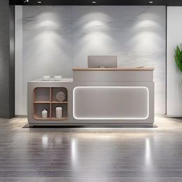 Straight Reception Desk with Small Window Design, LED Lights, Keyboard Tray, and Cabinets for Salons and Clothing Stores JDT-1066