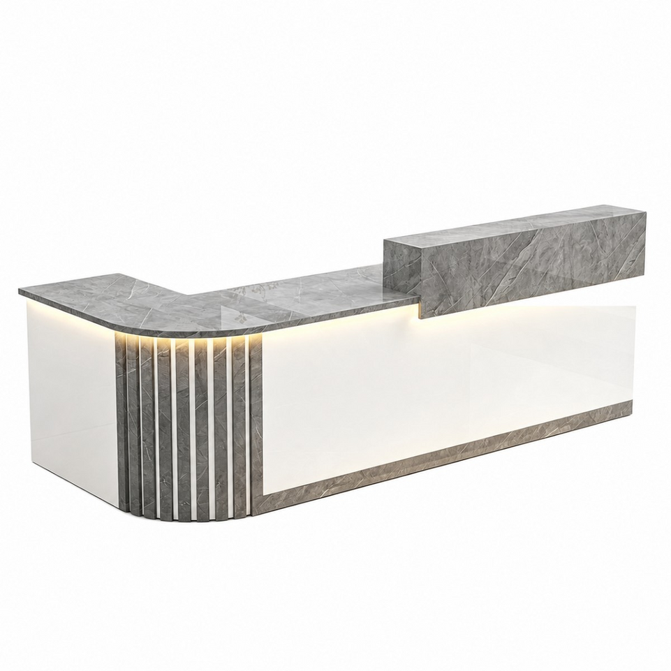 Elegant Retail Reception Desk with High-gloss Panel, LED Lighting, Wood Slat Design & Open Storage Shelves for Dessert Shops and Cafes