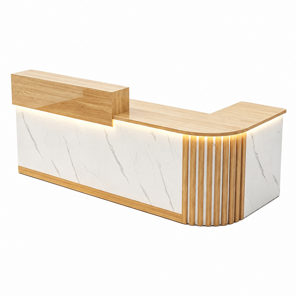 Elegant Retail Reception Desk with High-gloss Panel, LED Lighting, Wood Slat Design & Open Storage Shelves for Dessert Shops and Cafes