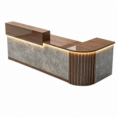 Elegant Retail Reception Desk with High-gloss Panel, LED Lighting, Wood Slat Design & Open Storage Shelves for Dessert Shops and Cafes