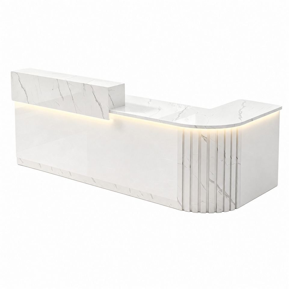 Elegant Retail Reception Desk with High-gloss Panel, LED Lighting, Wood Slat Design & Open Storage Shelves for Dessert Shops and Cafes