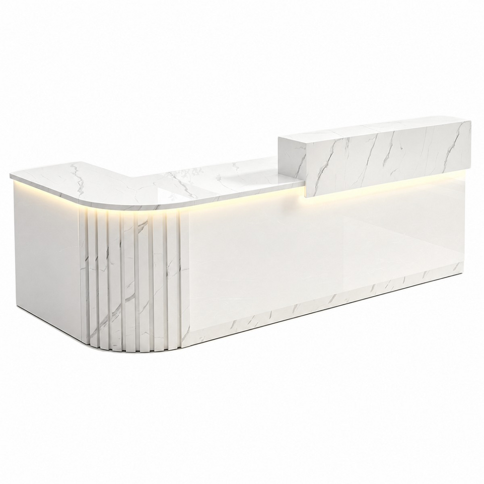 Elegant Retail Reception Desk with High-gloss Panel, LED Lighting, Wood Slat Design & Open Storage Shelves for Dessert Shops and Cafes