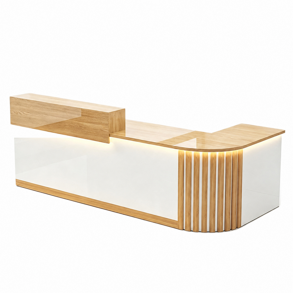 Elegant Retail Reception Desk with High-gloss Panel, LED Lighting, Wood Slat Design & Open Storage Shelves for Dessert Shops and Cafes