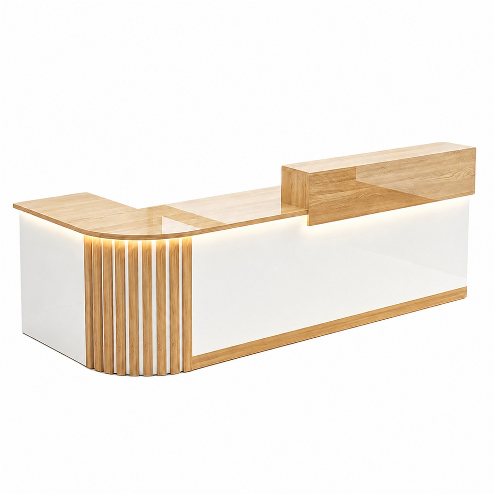 Elegant Retail Reception Desk with High-gloss Panel, LED Lighting, Wood Slat Design & Open Storage Shelves for Dessert Shops and Cafes