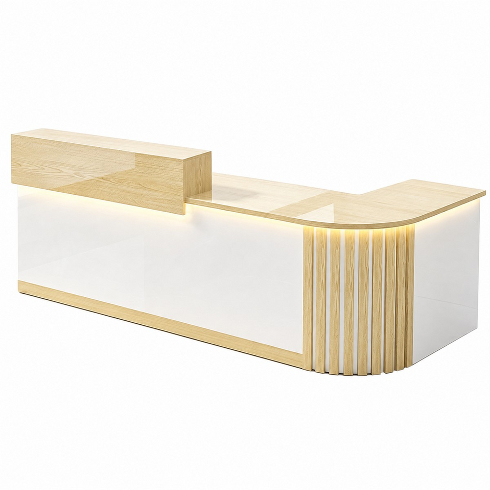 Elegant Retail Reception Desk with High-gloss Panel, LED Lighting, Wood Slat Design & Open Storage Shelves for Dessert Shops and Cafes